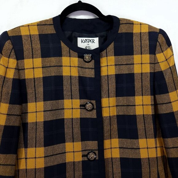 Kasper Vintage Blazer Size 10 Mustard Blue Plaid Dark Academia Jacket - Picture 4 of 11